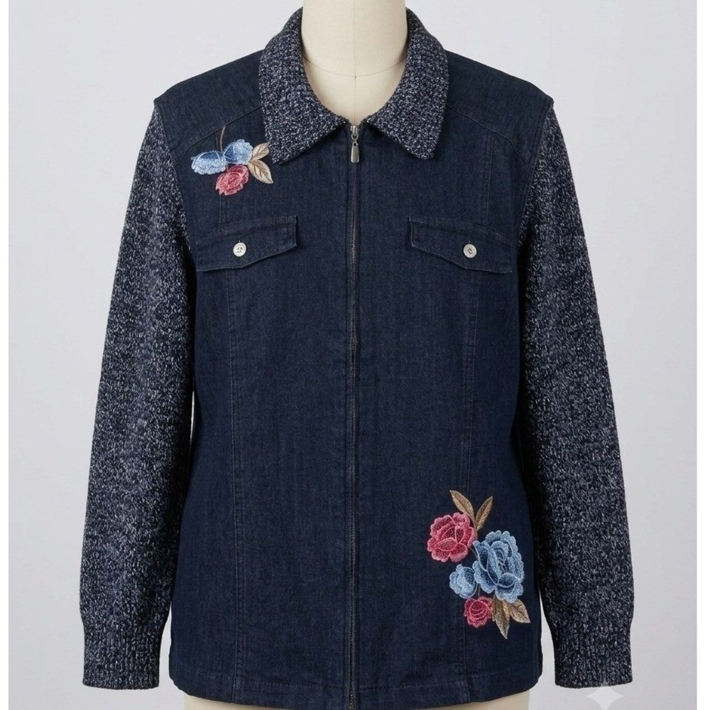 Alfred Dunner Women Denim Jacket Floral Embroidered Knit Sleeve Dark Wash XL NWT